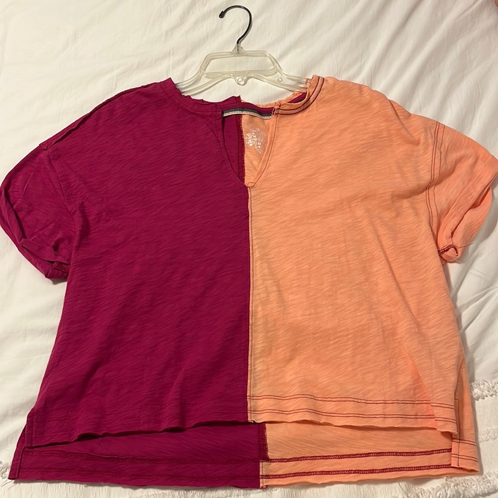 Pilcro Colorblock Tee from Anthropologie, Size XS, Raspberry/Light Orange